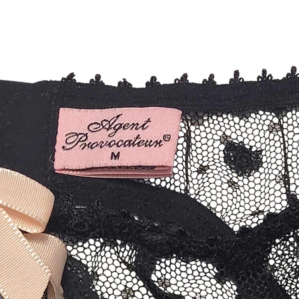Agent Provocateur Black Lace Pink Bow Garter Belt Mesh Size M - Picture 8 of 13